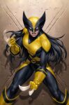  1girl black_bodysuit black_hair black_mask bodysuit claws clenched_hands gloves highres laura_kinney long_hair looking_at_viewer marvel mask solo standing stone_wall two-tone_bodysuit two-tone_mask wolverine_(x-men) x-23 x-men yellow_bodysuit yellow_gloves yellow_mask yoon_junggeun 