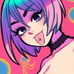  1girl akairiot blue_eyes choker commentary english_commentary gradient_hair jellyfish lace-trimmed_choker lace_trim looking_at_viewer multicolored_hair original paid_reward_available piercing pink_hair short_hair simple_background solo tongue tongue_out tongue_piercing 