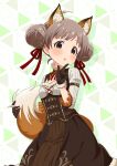  1girl :o ahoge alternate_hairstyle animal_ear_fluff animal_ears arm_belt belt blush braid braided_bun breasts brown_belt brown_dress brown_gloves brown_hair cleavage commentary_request cowboy_shot detached_collar double_bun dress extra_ears finger_to_own_chin fox_ears fox_girl fox_tail frilled_sleeves frills fur-trimmed_collar fur-trimmed_gloves fur-trimmed_shirt fur_trim gloves goma_konbu hair_bun hair_ribbon hakozaki_serika high_collar highres holding_own_tail idolmaster idolmaster_million_live! lone_nape_hair looking_at_viewer multicolored_background neck_ribbon open_mouth orange_eyes raised_eyebrows red_ribbon ribbon shirt sleeveless sleeveless_dress sleeves_past_elbows small_breasts solo swept_bangs tail three_quarter_view triangle_background turning_head underbust white_shirt 