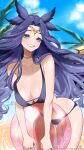 1girl ball beachball bikini black_bikini black_hair blue_eyes blue_sky blurry blurry_background breasts britty_who character_name cleavage cloud collarbone commission highres holding holding_ball holding_beachball indie_virtual_youtuber k_(art71) large_breasts leaning_forward long_hair owl_ears owl_girl skeb_commission sky smile solo sparkle swimsuit thigh_gap twitter_username virtual_youtuber 