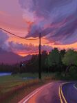  cloud commentary english_commentary gradient_sky grass jubilee_(8pxl) mountainous_horizon multicolored_sky no_humans original pink_sky pixel_art power_lines road scenery sky sunset tree utility_pole 