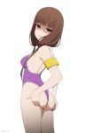  1girl absurdres armband ass ass_grab ass_support breasts brown_eyes brown_hair competition_swimsuit coro_fae cowboy_shot from_side glaring grabbing_own_ass hair_over_shoulder highleg highleg_swimsuit highres iino_miko kaguya-sama_wa_kokurasetai_~tensai-tachi_no_renai_zunousen~ long_hair looking_at_viewer low_twintails medium_breasts one-piece_swimsuit one-piece_thong open_mouth paid_reward_available purple_one-piece_swimsuit shaded_face simple_background solo standing swimsuit twintails twitter_username white_background yellow_armband 