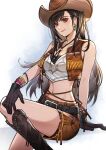  1girl arm_support bangle bare_shoulders belt belt_buckle black_hair boots bracelet breasts brown_footwear brown_gloves brown_hat brown_skirt brown_vest buckle closed_mouth collarbone cowboy_boots cowboy_hat crisis_core_final_fantasy_vii crop_top earrings english_commentary feet_out_of_frame final_fantasy final_fantasy_vii final_fantasy_vii_ever_crisis final_fantasy_vii_rebirth final_fantasy_vii_remake gloves gradient_background hair_behind_ear hair_ornament hat highres jewelry knee_up light_blush long_hair looking_at_viewer lukrevadraws medium_breasts midriff miniskirt navel official_alternate_costume pink_lips red_eyes single_earring single_sidelock sitting skirt smile solo swept_bangs tank_top tifa_lockhart tifa_lockhart_(cowgirl) vest white_tank_top 