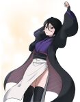  1girl alternate_costume arms_up black_hair black_sash black_thighhighs bleach blue_kimono blush closed_mouth double-parted_bangs feet_out_of_frame floating_clothes gwao_(_ul_13) hair_between_eyes highres hip_vent japanese_clothes kimono kuchiki_rukia layered_clothes layered_kimono long_sleeves looking_at_viewer open_clothes open_kimono purple_eyes purple_kimono sash short_hair simple_background skirt solo standing thighhighs v-shaped_eyebrows white_skirt wide_sleeves 