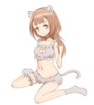  1girl animal_ears beatrice_(princess_principal) bell bell_collar bloomers blush bra breasts brown_eyes brown_hair cat_cutout cat_ears cat_tail cleavage collar eyebrows_visible_through_hair fake_animal_ears fake_tail groin long_hair looking_at_viewer medium_breasts navel open_mouth princess_principal shiny shiny_hair simple_background sitting solo tail underwear underwear_only waon_(waon_oekk) white_background white_bra 