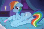  absurd_res anus blush candle condom_wrapper embarrassed equid equine female friendship_is_magic genitals hasbro hi_res horse mammal my_little_pony mythological_creature mythological_equine mythology n0kkun pegasus pony pussy rainbow_dash_(mlp) red_eyes smile solo window wings 