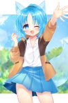  1girl ;d animal_ear_fluff animal_ears arm_up blue_eyes blue_hair blue_skirt blue_sky blush brown_jacket cloud collared_shirt commission copyright_request day dress_shirt fang highres jacket long_hair long_sleeves one_eye_closed open_clothes open_jacket outstretched_arm parted_bangs pleated_skirt ponytail puffy_long_sleeves puffy_sleeves shikito_(yawa0w0) shirt skeb_commission skirt sky smile solo tail transparent white_shirt 