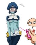  1boy 1girl absurdres anger_vein bangs blue_gloves blue_hair blue_legwear blue_shirt blue_skin blush boku_no_hero_academia breasts bubble_girl closed_mouth cowboy_shot cropped_shirt flying_sweatdrops full-face_blush glasses gloves highres holding_remote_control legs_together long_sleeves looking_down motion_lines navel no_bra open_fly pantyhose parted_bangs raised_eyebrows remote_control_vibrator sanho_(bin0910) shiny shiny_hair shirt short_hair short_shorts short_sleeves shorts simple_background sir_nighteye solo_focus standing sweat tearing_up thick_eyebrows trembling turtleneck two-tone_shorts underboob unzipped v-shaped_eyebrows vibrator vibrator_cord vibrator_under_clothes wavy_mouth white_background yellow_eyes zipper zipper_pull_tab 