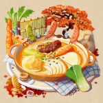  artist_name ashiyu bamboo bowl carrot food food_focus hand_fan issiki_toaki no_humans original plate potato sausage sitting soup spring_onion steam tea tree vegetable 