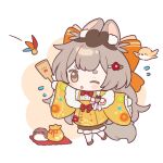  1girl animal animal_ear_fluff animal_ears artist_request bird blush bow bowtie brown_eyes brown_hair chibi floral_print flower flying_sweatdrops full_body fur-trimmed_kimono fur_trim hagoita hair_bow hair_flower hair_ornament hairclip holding japanese_clothes kimono long_hair long_sleeves looking_at_viewer one_eye_closed original paddle pantyhose rabbit_ears red_bow red_flower short_eyebrows shorts solo squirrel_(jjjjmmn_err) standing standing_on_one_leg tail thick_eyebrows very_long_hair white_background white_pantyhose wide_sleeves yellow_kimono 