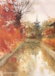  architecture autumn autumn_leaves bare_tree building day east_asian_architecture grey_sky nara_watercolor no_humans original painting_(medium) reflection reflective_water river riverbank sky traditional_media tree water watercolor_(medium) 