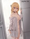  1girl artist_name bare_shoulders bathrobe black_choker blonde_hair blue_eyes bow breasts choker cleavage collarbone commission hair_bow highres korean_text lamancha000 large_breasts long_hair looking_at_viewer off_shoulder open_clothes original second-party_source sidelocks smile solo standing tongue tongue_out 