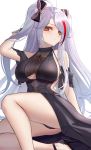  1girl antenna_hair azur_lane black_dress black_footwear black_gloves black_panties black_ribbon breasts brown_eyes dress eternity_(pixiv8012826) gloves hair_ribbon hand_behind_head high_heels highres large_breasts light_blush long_hair looking_at_viewer multicolored_hair panties pantyshot pantyshot_(sitting) prinz_eugen_(azur_lane) prinz_eugen_(cordial_cornflower)_(azur_lane) red_hair ribbon silver_hair simple_background single_sidelock sitting solo streaked_hair thighs two-tone_hair two_side_up underboob_cutout underwear very_long_hair white_background 