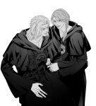  2boys 5altybitter5 braid closed_mouth emet-selch final_fantasy final_fantasy_xiv frown greyscale hythlodaeus long_sleeves monochrome multiple_boys parted_lips simple_background smile sophist&#039;s_robe_(ff14) white_background 