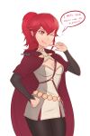  1girl anna_(fire_emblem) artist_name between_breasts black_pantyhose breasts cape cleavage cleavage_cutout clothing_cutout commentary dress english_text finger_to_own_chin fire_emblem fire_emblem_fates heart highres hood hood_down hooded_cape one_eye_closed pantyhose ponytail red_cape red_eyes red_hair sidelocks simple_background small_breasts smgold smile solo speech_bubble strap_between_breasts white_background 