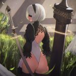 1girl ass back_cutout black_blindfold black_hairband blindfold cowboy_shot feather-trimmed_sleeves from_behind grass hairband highres juliet_sleeves leotard long_sleeves mark_simonov nier_(series) nier_automata puffy_sleeves short_hair solo standing sword thighhighs thong_leotard virtuous_contract weapon white_hair white_leotard yorha_no._2_type_b 