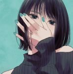  1girl absurdres black_hair blue_background blue_nails bob_cut clothing_cutout covering_own_mouth eyelashes green_eyes highres long_sleeves looking_at_viewer nail_polish original ribbed_sweater short_hair shoulder_cutout sleeves_past_wrists solo sweater turtleneck upper_body yuri_(832yuri) 