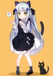  ! 1girl :o animal_ears apron bangs black_apron black_cat black_footwear black_hairband black_ribbon blush bow cat cat_ears cat_girl cat_tail checkered checkered_bow collared_dress commentary_request dress eyebrows_visible_through_hair facial_mark fake_animal_ears frilled_apron frills full_body girls_frontline grey_legwear hair_ribbon hairband hands_up highres hk416_(girls_frontline) long_hair long_sleeves looking_at_viewer orange_background parted_lips paw_pose ribbon shadow shoes silver_hair socks solo spoken_exclamation_mark standing tail tail_raised very_long_hair white_dress yuki_shiro 