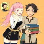  1girl 2boys belt book brown_hair cellphone claude_von_riegan cyril_(fire_emblem) dark_skin dark_skinned_male fire_emblem fire_emblem:_three_houses garreg_mach_monastery_uniform guttary hilda_valentine_goneril holding holding_book holding_phone long_hair long_sleeves multiple_boys nail_polish one_eye_closed open_mouth phone pink_eyes pink_hair short_hair short_sleeves simple_background smartphone thighhighs twintails twitter_username uniform 