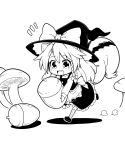  1girl :3 acorn animal_ears apron braid commentary_request full_body futa_(nabezoko) greyscale hair_ribbon hat hat_ribbon highres kirisame_marisa long_sleeves monochrome mushroom notice_lines nut ribbon running shadow shoes skirt socks squirrel_ears squirrel_tail tail teeth touhou white_background witch_hat 