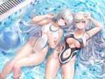  2girls absurdres areola_slip arknights arm_up ass_visible_through_thighs ball bare_arms bare_legs beachball black_one-piece_swimsuit breasts breasts_apart center_opening clothing_cutout commentary_request competition_swimsuit covered_navel covered_nipples crossed_bangs floating grey_eyes grey_hair highres large_breasts lingshalan long_hair looking_at_viewer lying mulberry_(arknights) multiple_girls navel navel_cutout nipples on_back one-piece_swimsuit outdoors partially_submerged pool rosa_(arknights) see-through sidelocks swimsuit thigh_strap very_long_hair wet white_one-piece_swimsuit 