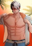  1boy abs another_eidos-r bandaid bandaid_on_face bara bare_pectorals black_hair blush closed_eyes dog_tags embarrassed gradient_background hair_over_one_eye highres hood hoodie itaru_(kidomh63) jacket male_focus multicolored_hair muscular muscular_male navel nipples open_clothes open_jacket palm_tree pectorals semi-rimless_eyewear solo sweat thorkell_(another_eidos) tree two-tone_hair white_hair white_hoodie 