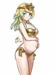  1girl alternate_costume alternate_hairstyle aqua_eyes bare_arms bare_shoulders bikini blonde_hair blush breasts cleavage cowboy_shot crown english_commentary fire_emblem fire_emblem_heroes fjorm_(fire_emblem) gold_bikini gradient_hair green_hair hands_on_own_stomach highres long_hair looking_at_viewer medium_breasts multicolored_hair navel pregnant rotomdocs side-tie_bikini_bottom signature simple_background smile solo strapless strapless_bikini swimsuit twitter_username white_background 