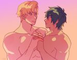  2boys ao_isami bara black_hair blonde_hair couple eye_contact facial_hair highres interracial kaindycandy large_pectorals lewis_smith looking_at_another male_focus multiple_boys muscular muscular_male nude pectorals sideburns_stubble smile stubble thick_eyebrows upper_body yaoi yuuki_bakuhatsu_bang_bravern 