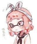  1girl 3: bandana black_neckerchief black_sailor_collar blue_bandana blush closed_mouth commentary grey_eyes inkling inkling_girl inkling_player_character motion_lines neckerchief pink_hair plum0o0 sailor_collar shirt short_bangs short_eyebrows short_hair simple_background single_tear solo splatoon_(series) suction_cups symbol-only_commentary tentacle_hair upper_body white_background white_shirt 