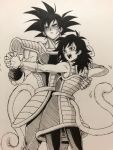  /\/\/\ 1boy 1girl :d armor bardock black_eyes black_hair black_legwear blush commentary couple dancing dragon_ball dragon_ball_minus embarrassed eyelashes facial_scar feet_out_of_frame fingernails gine hand_on_another&#039;s_back hands_clasped happy height_difference hetero highres interlocked_fingers looking_away monkey_tail muscle open_mouth own_hands_together pantyhose pectorals scar scar_on_cheek simple_background skirt smile spiked_hair standing surprised symbol_commentary tail teeth tongue upper_teeth white_background wristband yse5959 