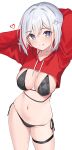  1girl :q alternate_costume arms_up bikini black_bikini blush breasts contrapposto cowboy_shot cropped_sweater hands_up heart highres honkai:_star_rail honkai_(series) large_breasts looking_at_viewer navel plo1154 purple_eyes red_sweater side-tie_bikini_bottom simple_background solo stomach sweater swimsuit thigh_strap tongue tongue_out topaz_(honkai:_star_rail) white_background white_hair 