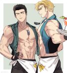  2boys abs ao_isami apron bara bare_pectorals black_hair black_pants blonde_hair blue_vest border cocktail_glass commentary_request cowboy_shot cup dog_tags drinking_glass facial_hair fingerless_gloves gloves green_vest grey_background hand_on_own_hip holding holding_plate lewis_smith looking_to_the_side maji_(m) male_focus multiple_boys muscular muscular_male navel one_eye_closed outside_border pants pectorals plate profile short_hair sideburns_stubble sleeveless stubble twitter_username vest waist_apron white_apron white_border yuuki_bakuhatsu_bang_bravern 