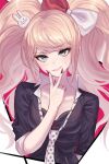  1girl black_shirt blonde_hair blush bow breasts collarbone cosplay danganronpa:_trigger_happy_havoc danganronpa_(series) enoshima_junko enoshima_junko_(cosplay) fingernails grey_eyes grin hair_bow hair_ornament highres ikusaba_mukuro large_breasts long_hair nail_polish polka_dot_necktie rabbit_hair_ornament red_bow sharp_fingernails shirt short_sleeves smile solo sweatdrop teeth twintails umeumeumestar upper_body v_over_mouth white_background white_bow 