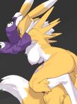  1girl animal_ears ass black_background black_sclera blue_eyes breasts colored_sclera detached_sleeves digimon digimon_(creature) furry furry_female highres kame_(3t) large_breasts nipples nude purple_sleeves renamon simple_background solo tail two-tone_fur white_fur yellow_fur yin_yang 