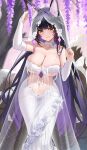  1girl absurdly_long_hair animal_ears arm_up azur_lane black_hair breasts bridal_gauntlets bridal_veil choker closed_mouth colored_inner_hair dress facial_mark flower fox_ears fox_girl glint hand_up highres jewelry large_breasts long_hair looking_at_viewer multicolored_hair musashi_(azur_lane) musashi_(purest_wisteria)_(azur_lane) official_alternate_costume purple_hair qing_wu revealing_clothes ring rose see-through smile solo tassel tree veil very_long_hair wedding_dress wedding_ring whisker_markings white_choker white_flower white_rose yellow_eyes 