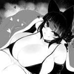  1girl animal_ears bikini blunt_bangs bow braid breasts cat_ears cat_girl cat_tail choker cleavage closed_mouth commentary_request curvy elbow_gloves extra_ears gloves greyscale hair_bow haseru_(ginku_mh) heart heart-shaped_pupils huge_breasts kaenbyou_rin monochrome pointy_ears sidelocks solo swimsuit symbol-shaped_pupils tail touhou under_covers 