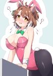  1girl ? alternate_costume animal_ears bow bowtie breasts bright_pupils brown_hair cleavage commentary_request dantsu_flame_(umamusume) detached_collar ear_covers ear_ribbon fake_animal_ears fake_tail green_bow green_bowtie highres hiro_(pqtks113) horse_ears horse_girl horse_tail large_breasts leotard pink_leotard rabbit_ears rabbit_tail short_hair solo tail umamusume white_pupils yellow_eyes 