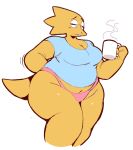  alphys anthro blue_clothing blue_topwear bottom_heavy breasts buckteeth cleavage clothed clothing container cup curvy_figure eyelashes eyes_closed eyewear female glasses hand_behind_back holding_container holding_cup holding_mug holding_object mug navel panties pink_clothing pink_panties pink_underwear reptile round_glasses scales scalie scratching scratching_back sen_sensational shirt side_butt simple_background solo tail teeth thick_thighs tired topwear undertale_(series) underwear voluptuous white_background wide_hips yellow_body yellow_scales 