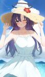  1girl absurdres aipa blue_archive blue_eyes blush breasts cloud cloudy_sky collarbone day dress hair_between_eyes halo hat highres large_breasts long_hair mechanical_halo one_eye_closed outdoors parted_lips purple_hair sky solo straw_hat sundress white_dress yuuka_(blue_archive) 