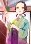  1girl bangs brown_eyes brown_hair card chihayafuru floral_print forehead highres iroha_karuta japanese_clothes kimono lips long_sleeves low_twintails microphone mikazuki_akira! ooe_kanade open_mouth parted_bangs short_hair short_twintails sliding_doors solo twintails wide_sleeves 