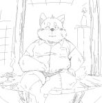  2024 anthro biped bottomwear canid canine canis clothing detailed_background domestic_dog footwear fugashi4090 kemono male mammal overweight overweight_male shirt shorts sitting socks solo topwear 