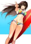  1girl absurdres aozaki_aoko bikini blue_eyes blush breasts brown_hair cleavage commentary english_commentary floating_hair hair_intakes highres holding holding_surfboard large_breasts long_hair looking_at_viewer mahou_tsukai_no_yoru multicolored_bikini multicolored_clothes navel official_alternate_costume open_mouth smile solo stomach surfboard swimsuit teeth upper_teeth_only v yotsutsu428 