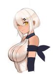  1girl bare_shoulders breasts dark_skin girls_frontline hair_ornament hairclip highres large_breasts long_hair looking_at_viewer m590_(girls_frontline) platinum_blonde_hair rox short_hair smile solo white_background yellow_eyes 