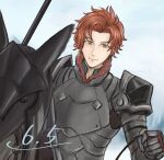  1boy barding closed_mouth dated e_wammarl fire_emblem fire_emblem:_three_houses fur_trim holding holding_polearm holding_weapon horseback_riding looking_at_viewer male_focus polearm red_eyes red_hair riding smile sylvain_jose_gautier weapon 
