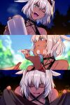  1girl animal_ears bare_shoulders bikini black_bikini blue_eyes body_markings breasts caenis_(fate) caenis_(swimsuit_rider)_(fate) caenis_(swimsuit_rider)_(first_ascension)_(fate) cleavage closed_eyes collarbone cup dark-skinned_female dark_skin echo_(circa) fate/grand_order fate_(series) goggles large_breasts licking_lips long_hair multiple_views open_mouth smile swimsuit tongue tongue_out translation_request very_long_hair white_hair 
