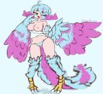  artist_name bare_shoulders bird_legs bird_tail blue_background blue_feathers blue_hair blue_panties blue_wings breasts breasts_out chaosferret clothes_writing commentary_request feathers green_eyes hair_over_one_eye harpy highres large_breasts long_hair mixed-language_commentary monster_girl open_mouth original panties pink_feathers pink_hair pink_wings simple_background tail talons tank_top two-tone_tail two-tone_wings underwear white_tank_top wings 