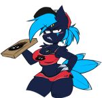 2017 2_claws 2_fingers alpha_channel angry anthro arm_tuft athletic athletic_anthro athletic_female biped black_eyebrows blue_body blue_ears blue_fur blue_hair blue_scar blue_tail blue_tuft blush blush_lines breast_markings breasts chest_markings claws clothed clothing container crop_top dark_body dark_fur delivery_(commerce) eye_scar eyebrow_through_hair eyebrows facial_markings facial_scar female finger_claws fingers fluffy_ears food_delivery forehead_markings front_view fur fur_tuft generation_2_pokemon hair hand_on_hip hat head_markings headgear headwear hi_res holding_container holding_object holding_pizza_box mammal markings mustelid nintendo payback_(toxicsoul77) pink_blush pizza_box pizza_delivery pokemon pokemon_(species) pokemorph portrait red_clothing red_crop_top red_eyes red_hat red_headwear red_hotpants red_inner_ear red_shirt red_topwear scar sharp_teeth shirt shoulder_tuft simple_background skimpy sneasel solo tail teeth thick_thighs three-quarter_portrait three-quarter_view topwear toxicsoul77 translucent translucent_hair transparent_background tuft yellow_markings 