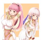  2girls :d :t armlet armpits arms_behind_head arms_up black_hairband blush breast_envy breasts cleavage commentary covering covering_breasts crescent crescent_earrings dancer dress earrings eyebrows_visible_through_hair fire_emblem fire_emblem:_three_houses hair_ornament hairband heart heart_hair_ornament highres hilda_valentine_goneril jewelry large_breasts long_hair looking_at_viewer lysithea_von_ordelia multiple_girls multiple_tails neruhi open_mouth orange_background pelvic_curtain pink_hair pout purple_eyes sideboob sidelocks silver_hair single_bare_shoulder small_breasts smile tail twintails two_tails upper_teeth v-shaped_eyebrows veil very_long_hair white_dress 