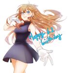  1girl ayan_ip bare_arms blue_eyes breasts brown_hair dated dress earrings eyelashes floating_hair gloves green_(pokemon) grin hand_up happy happy_birthday highres jewelry long_hair pokemon pokemon_adventures sleeveless sleeveless_dress smile solo teeth white_background white_gloves 