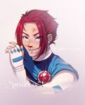  1boy alternate_hairstyle animification blood bruise earpiece english_text fingerless_gloves gloves highres injury male_focus nosebleed portrait procreate_(medium) purple_eyes red_hair riven_(winx_club) solo teeth winx_club witchpeacharty 